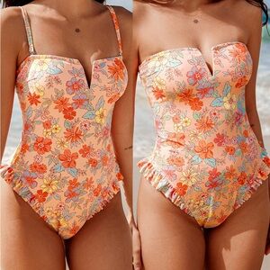 Cupshe Floral One Piece Swimsuit - Orange and Red